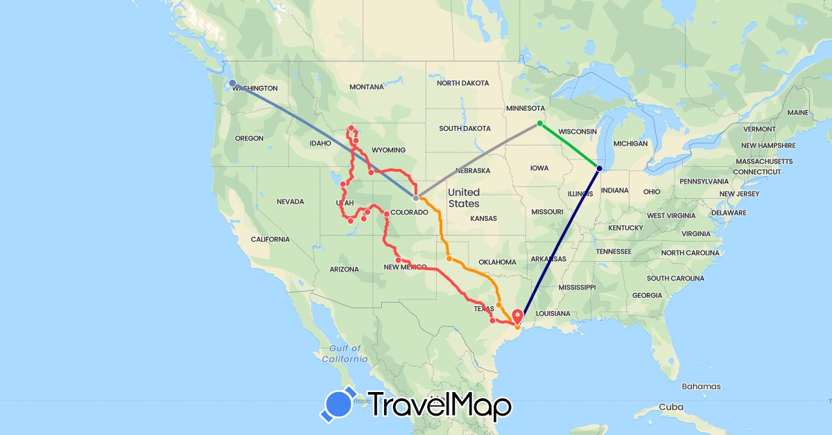 TravelMap itinerary: driving, bus, plane, cycling, hiking, hitchhiking in United States (North America)